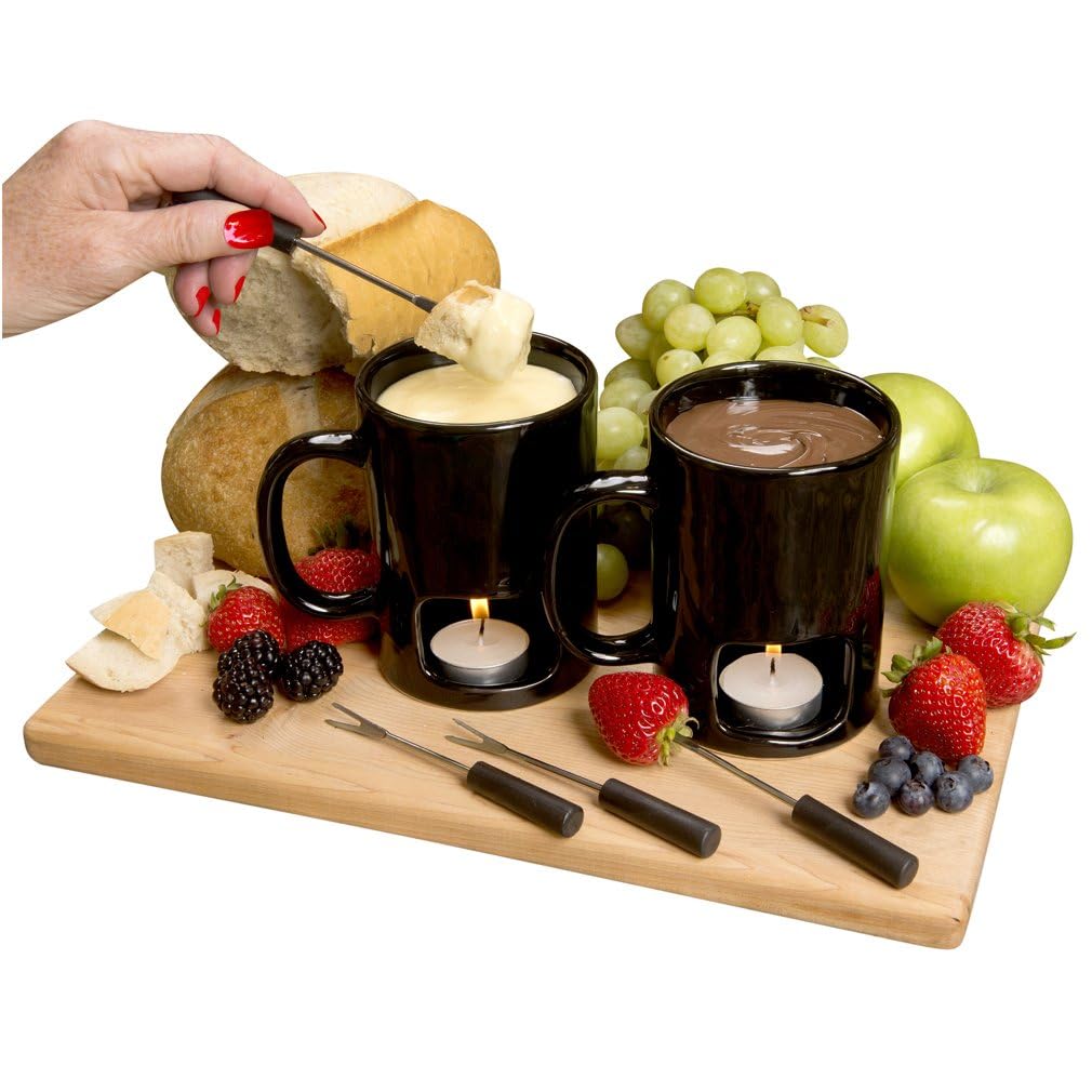 Evelots Mini Fondue Pot Set/Personal Fondue Mugs-Chocolate/Cheese/14-Piece Fondue Maker Gift Set/2 Ceramic Mugs/Forks/Candles