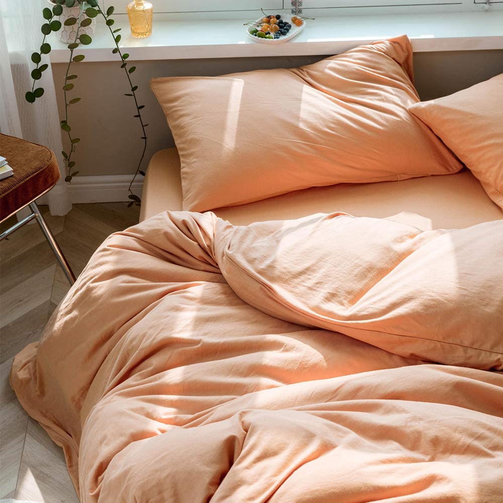 AMWAN Peach Pink Duvet Cover Twin, Solid Orange Bedding Set, 100% Knitted Cotton Comforter Cover - Image 4