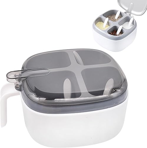 Caja de condimentos con tapa y cuchara, 4 compartimentos para especias con asa, tarros de condimentos de cocina casera para azúcar, sal y pimienta