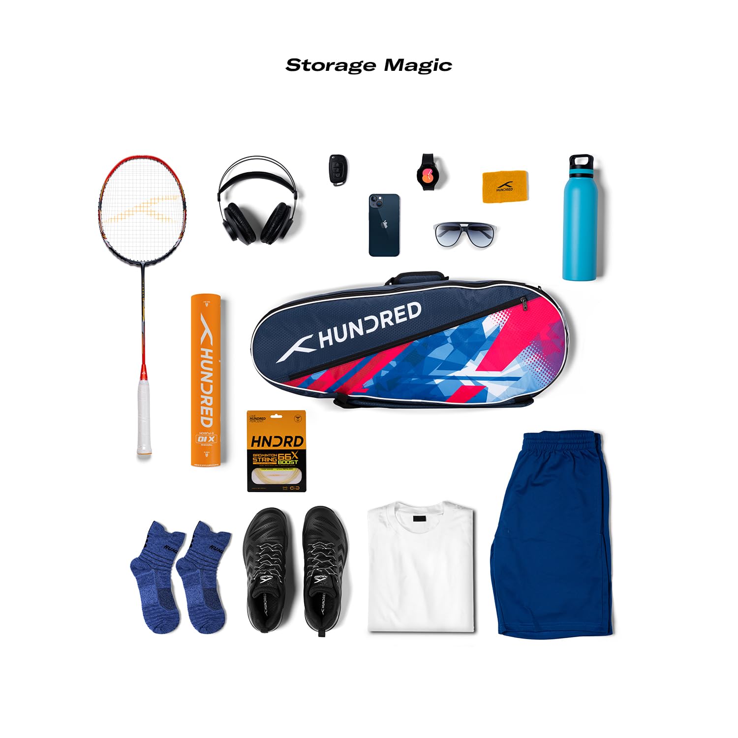 HUNDRED Ideal Badminton and Tennis Racquet Kit Bag | Size: Large | Material: Polyester | 2 Compartments with Side Pouch | Front Zipper Pocket | Padded Back Straps | Easy-Carry Handle | Navy Blue(6in1)