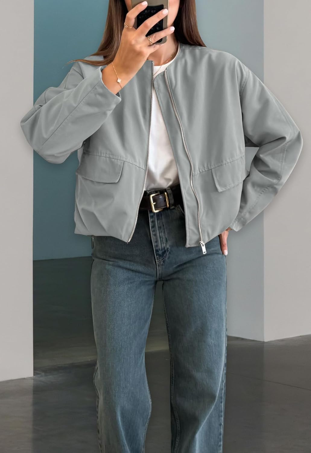 Women's Casual Bomber Jacket Round Neckline Long Sleeve Pockets Gathered Hem Coat - Image 3