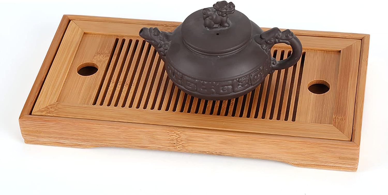 Bamboo Tea Tray Table Box with Water Storage, Chinese Gongfu Tea Table, 10.63 * 5.51 * 1.18", Mini Tea Serving Tray Drainage for Tea House Home Office