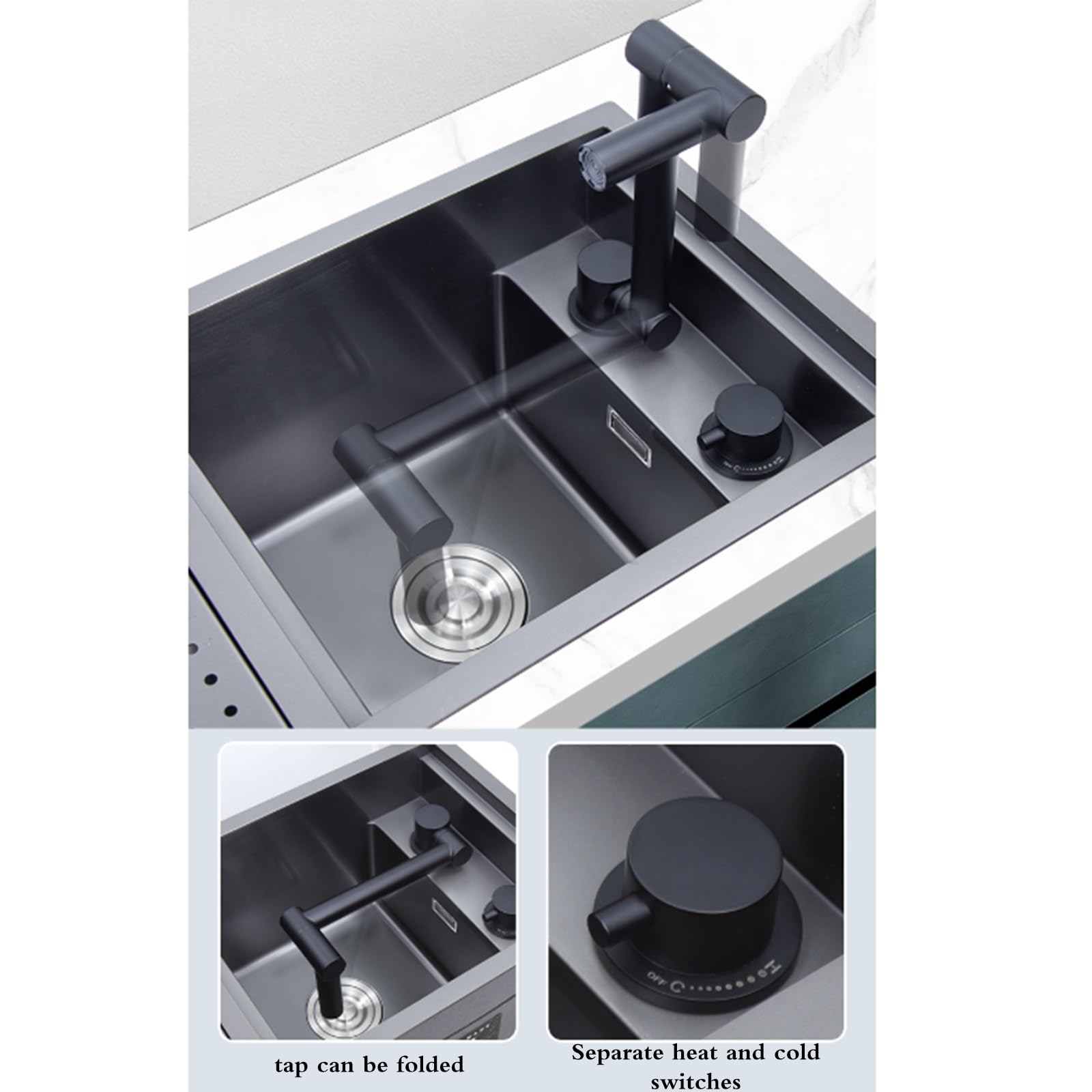 Fregadero de Un Solo Seno con tapa, grifo plegable y enjuagador de vidrio – Lavador de verduras oculto de Acero inoxidable para Barra de Café, caravana, Isla de cocina (58 * 26 22 cm)