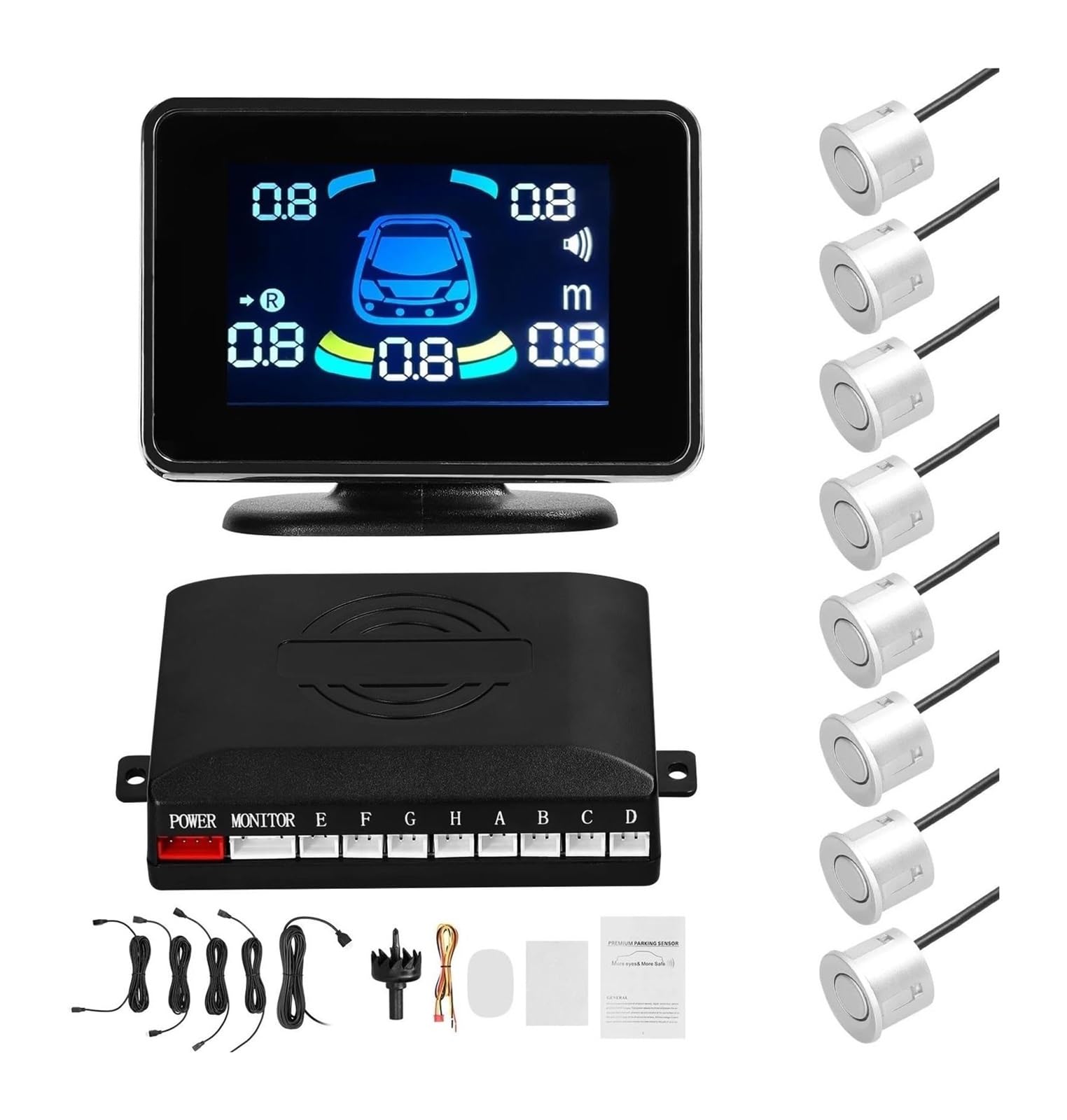 Auto Rückfahrradar Frontunterstützung Tonwarnung/Summer/Stummschaltung Mit 8 Parksensoren Parken Sensor(Silber)