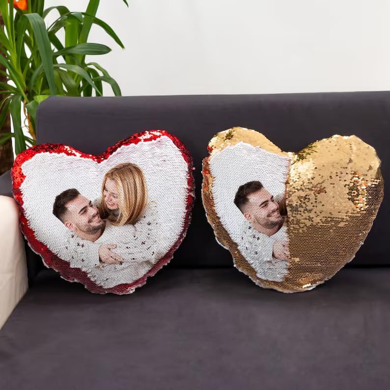 Miniatura 5 de CanvasChamp Almohada personalizada con lentejuelas en forma de corazón, funda de almohada reversible personalizada con lentejuelas, almohada