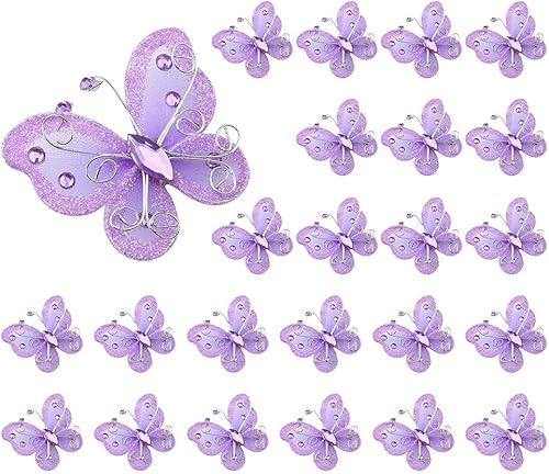 Mariposas de organza, 24 piezas de alambre de malla transparente púrpura con purpurina, mariposas, bodas, fiestas, ropa, decoración, suministros de