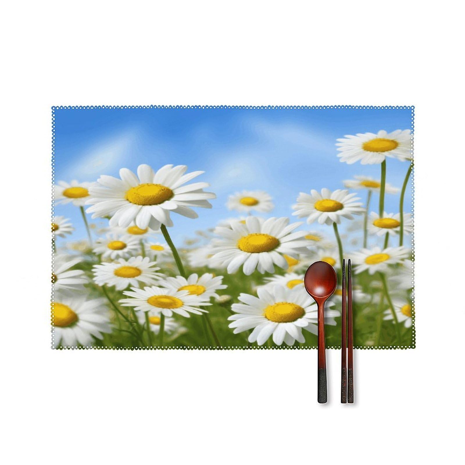 Spring Daisy Flowers Placemats Set of 6 Heat-Resistant Washable Place Mats Wipeable Kitchen Placemat Easy to Clean for Indoor Outdoor Party Kitchen Decoration