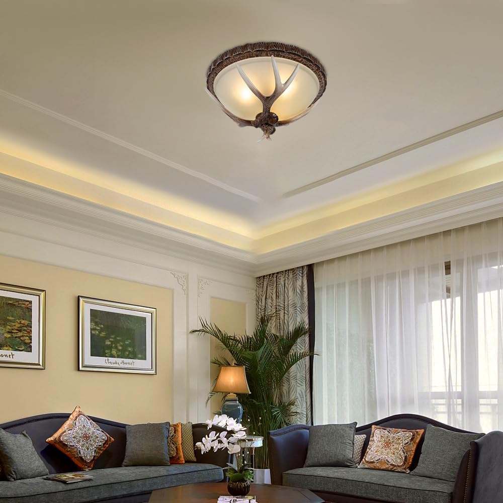 Rustic Deer Antler Ceiling Lights with 3 E26 Base, Retro Country Style Ceiling Lamp Farmhouse Ceiling Light Fixture for Bar, Cafe Living Room (Without Bulb)