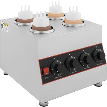Sauce Bottle Warmer, 640W Electric Stainless Steel Nacho Cheese Dispenser Hot Fudge Chocolate Butter Jam Warmer Machine with 650ml Squeeze Bottles*4, 86-185F Adjustable
