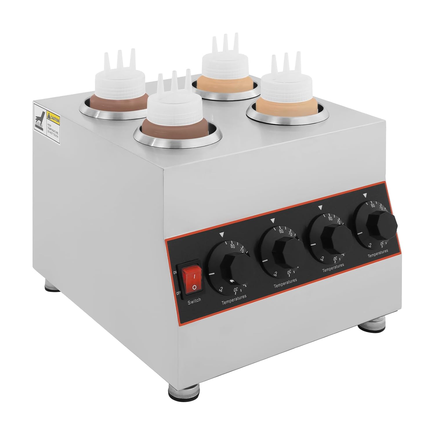 Electric Sauce Warmer Dispenser, Cheese Dispenser Warmer with 4 Squeeze Bottles, Commercial Stainless Steel Countertop Hot Caramel Chocolate Cheese Warmer for Chocolate Hot Fudge Caramel