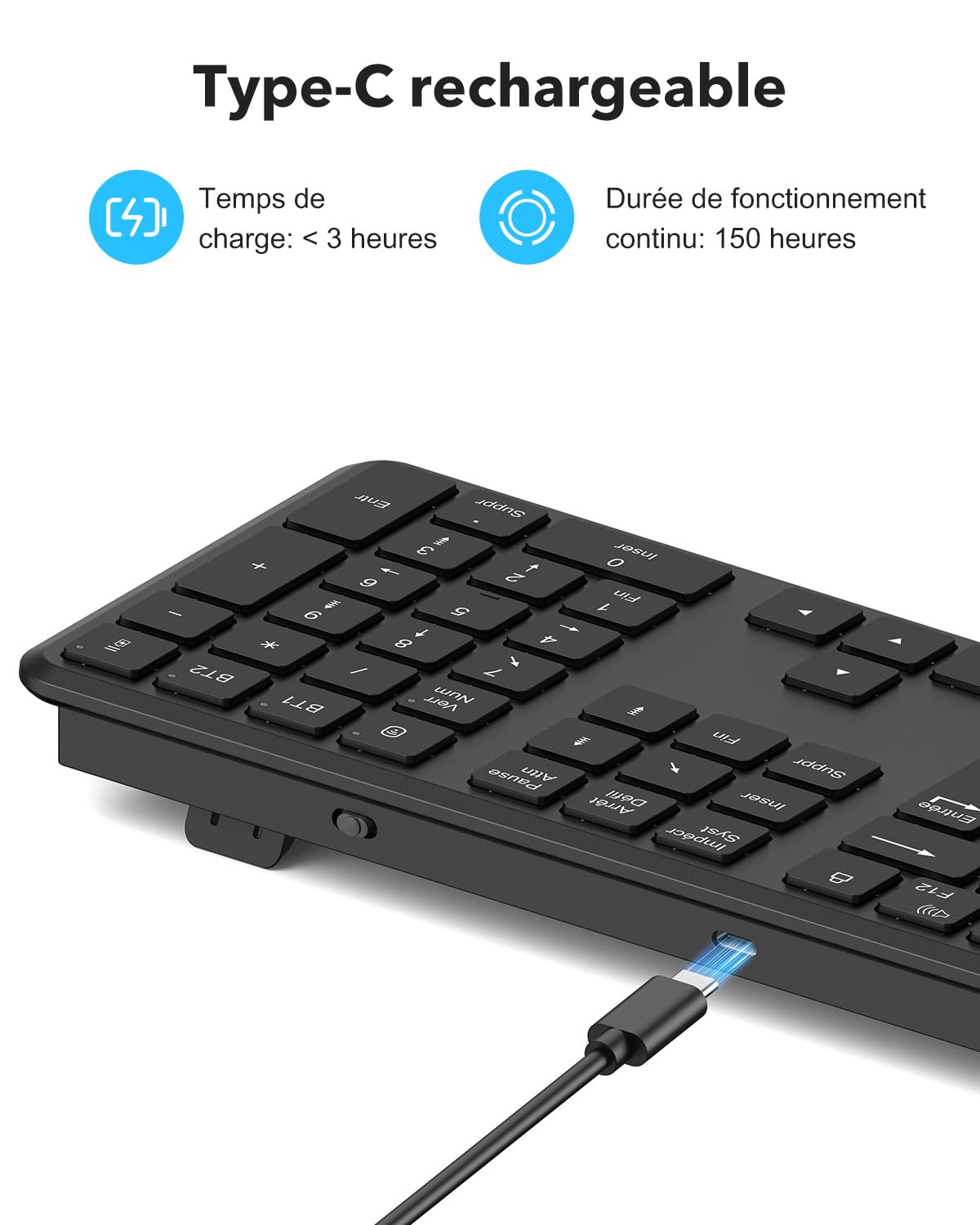OMOTON Clavier sans Fil Bluetooth + 2.4G AZERTY pour PC/Windows/Mac, Noir | 3 Canaux Multi-appareils, Pleine Taille, Rechargeable, Ultra-Mince, Connexion Stable, Silencieux, Les ciseaux, Ergonomique