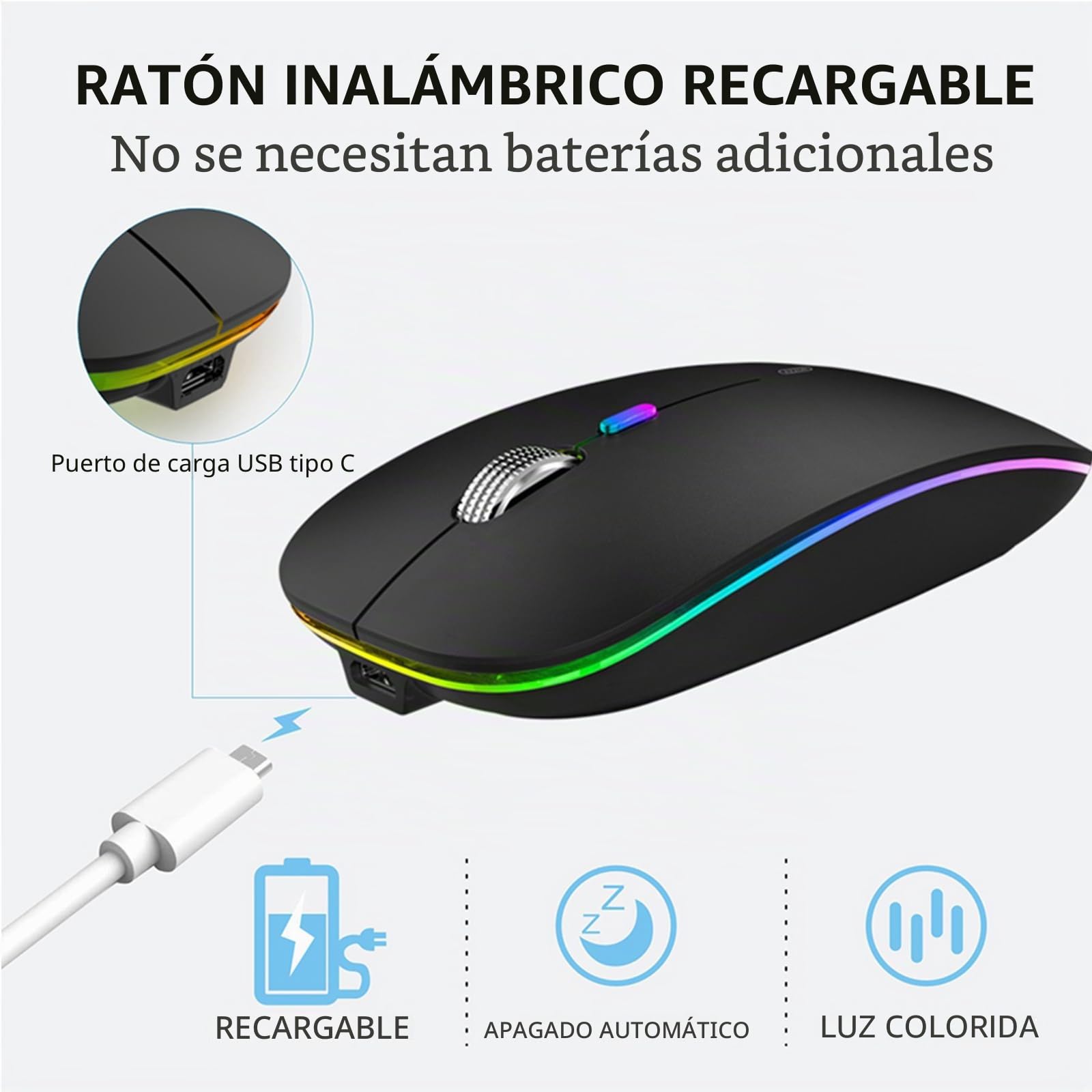 Uiosmuph G12 Ratón Inalámbrico, 2.4G Raton ​Inalambrico Recargable con Mini Receptor USB, Mouse Wireless 1600 dpi Ajustables Silencioso Óptico para Portátil, MacBook, PC, Laptop, Negro