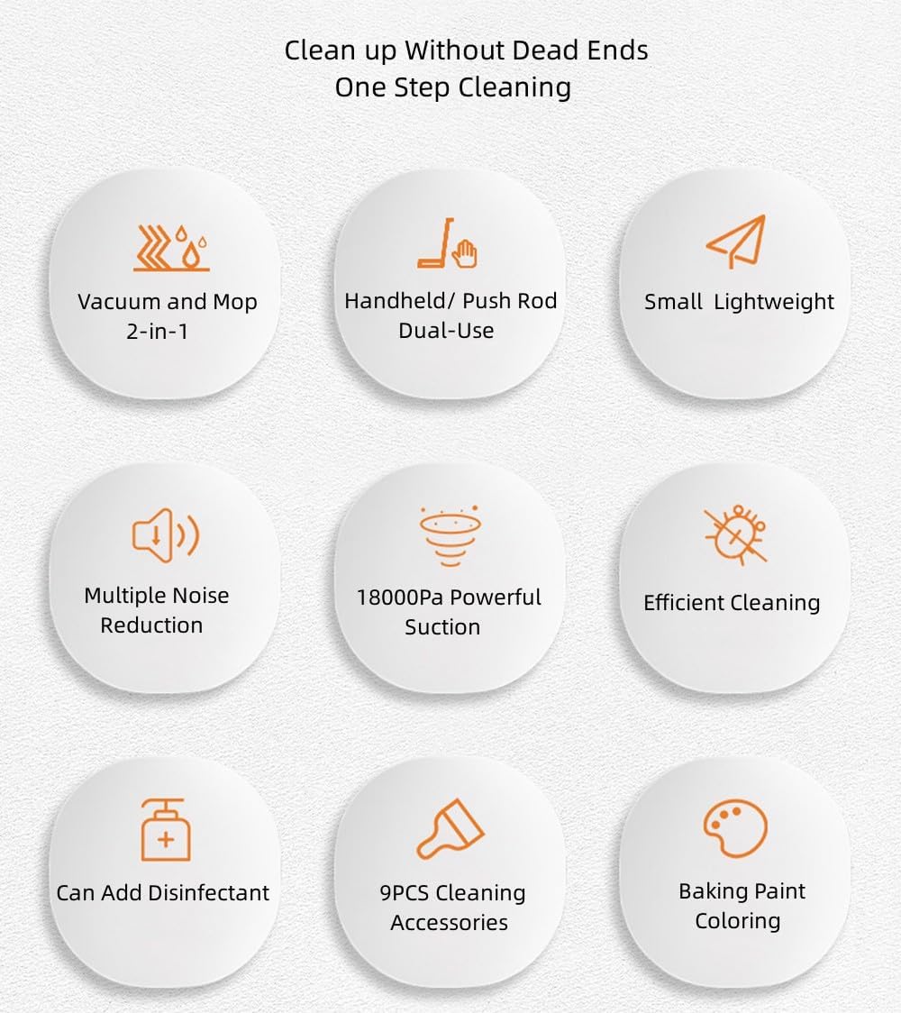 Diagram showing key features of the vacuum cleaner, including 2-in-1 function, handheld/push rod dual-use, lightweight design, noise reduction, 18000Pa suction, efficient cleaning, disinfectant addition, 9 accessories, and baking paint coloring.