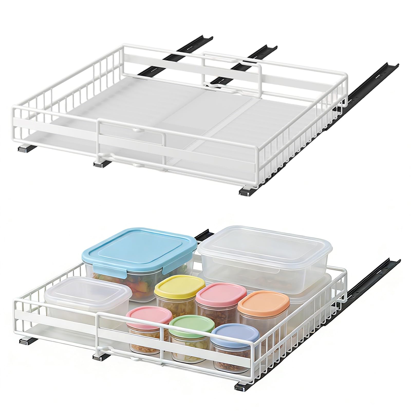 LANTUS Cesto Coulissan, porta spezie per bancone da cucina, organizer per bagno, cucina, ufficio, (31-49 cm e 32-51 cm) bianco