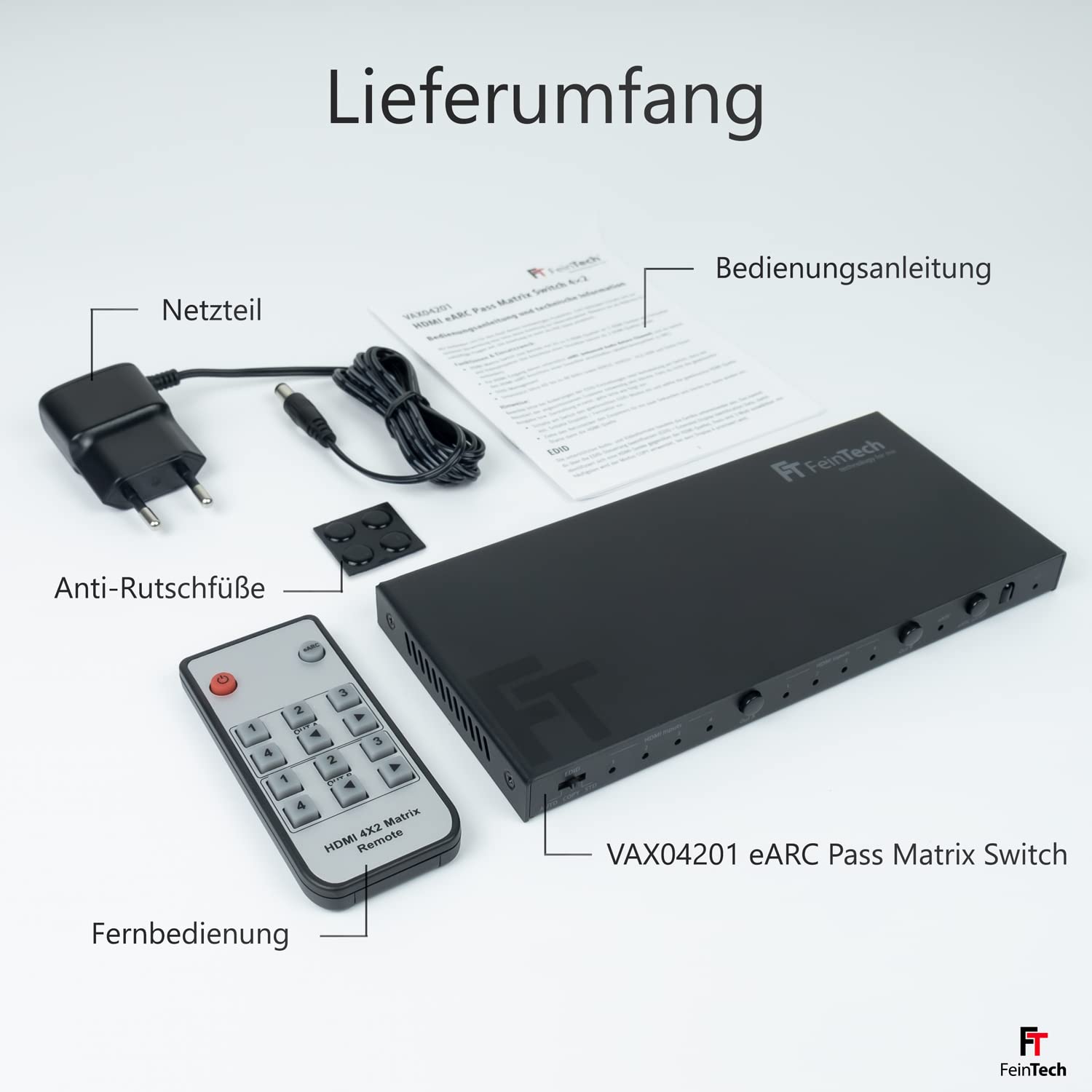 FeinTech VAX04201 HDMI eARC Pass Matrix Switch 4x2 für Soundbar und 2 Displays 4K 60Hz Dolby Vision Atmos