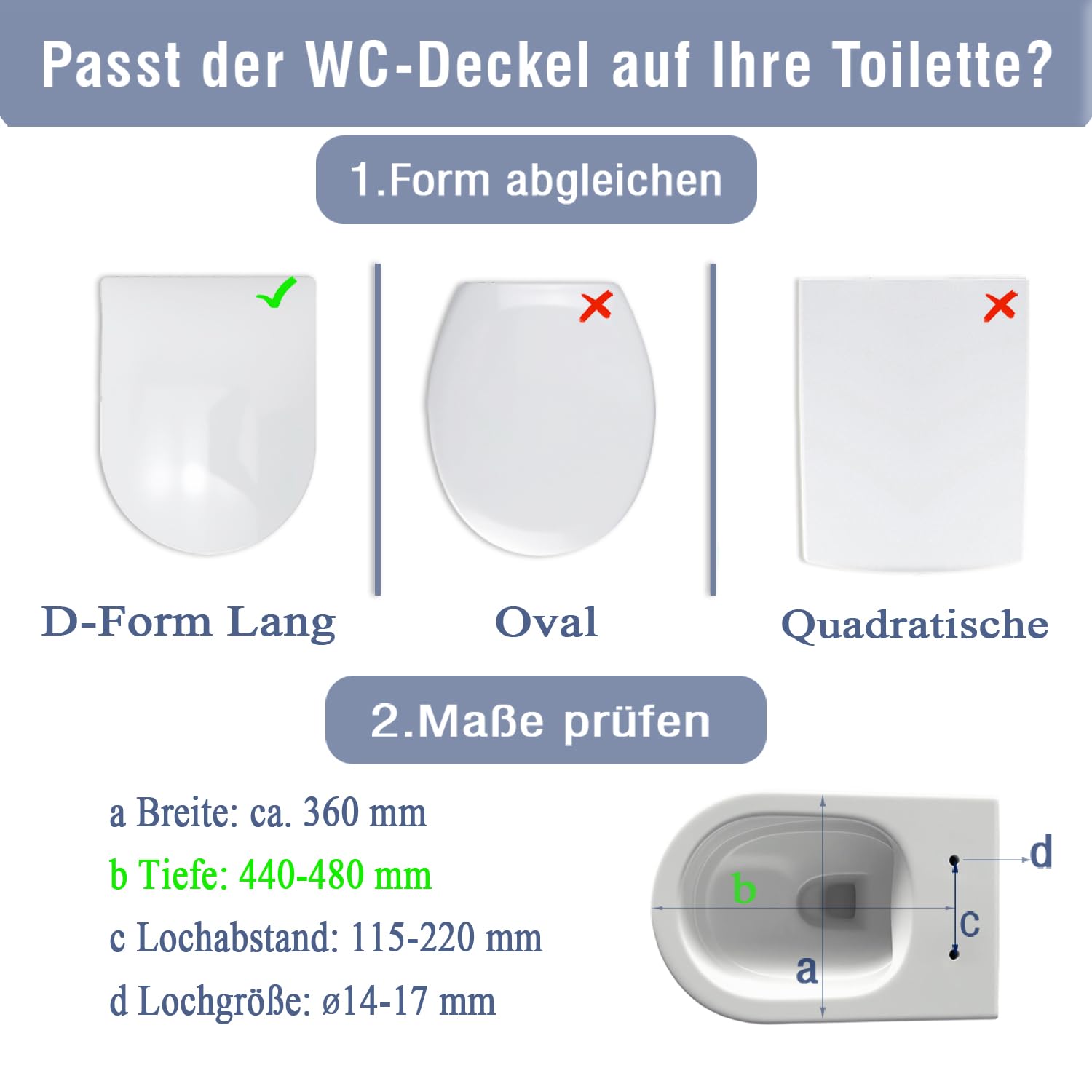WC-Sitz Lang D-Form 36x46 cm, Absenkautomatik, Quick-Release, Weiß | Antibakterieller Duroplast-Toilettendeckel. Einfachen Reinigung. Hygienisch & abnehmbar. Montage leicht. bis 150 kg belastbar