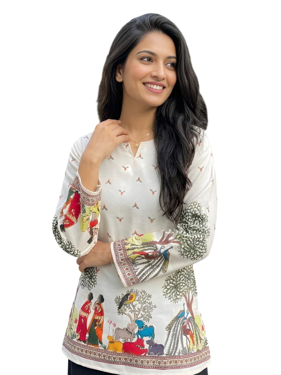 Women's Cotton Kalamkari Printed Tunic Top & Short Kurti | Ethnic Printed Top for Women | Round Neck Full Sleeve Regular Fit Casual Office College Party Tunic-image-16