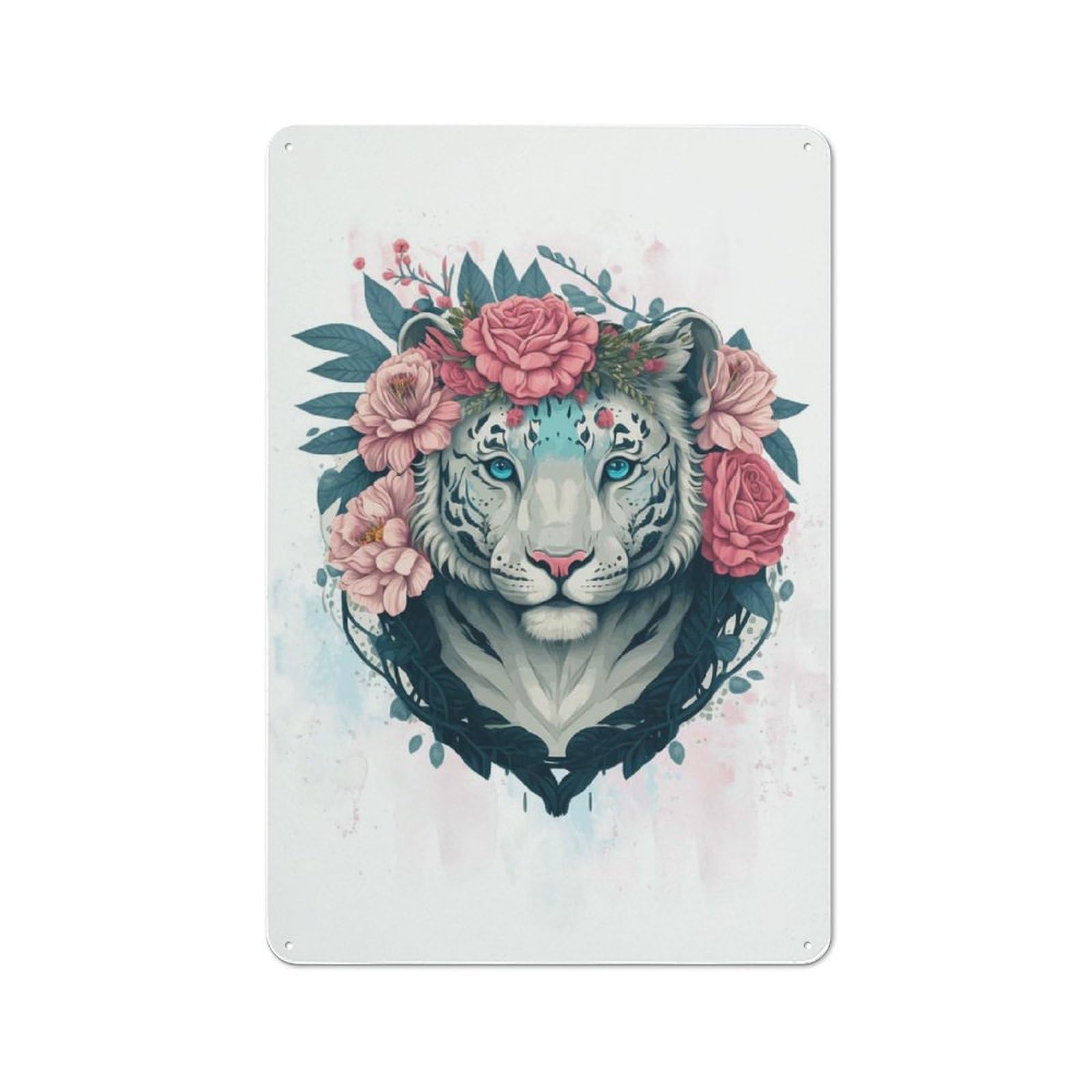 Modern Retro Floral White Tiger Artwork Metal Wall Art Sign 30x20cm, Studio Wall Art for Modern Home, Workshop, Office Or Cafe