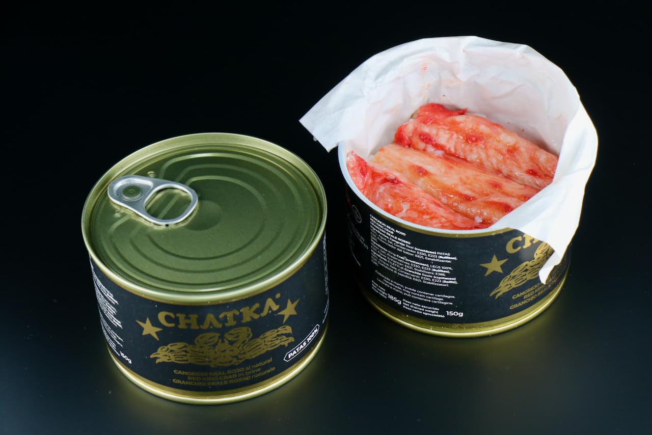 Chatka – Konserve im traditionellen Format gefüllt mit Beinen von rotem Königskrabbenfleisch. Sorgfältig verarbeitet, mild im Geschmack und vielseitig einsetzbar (150 gram)