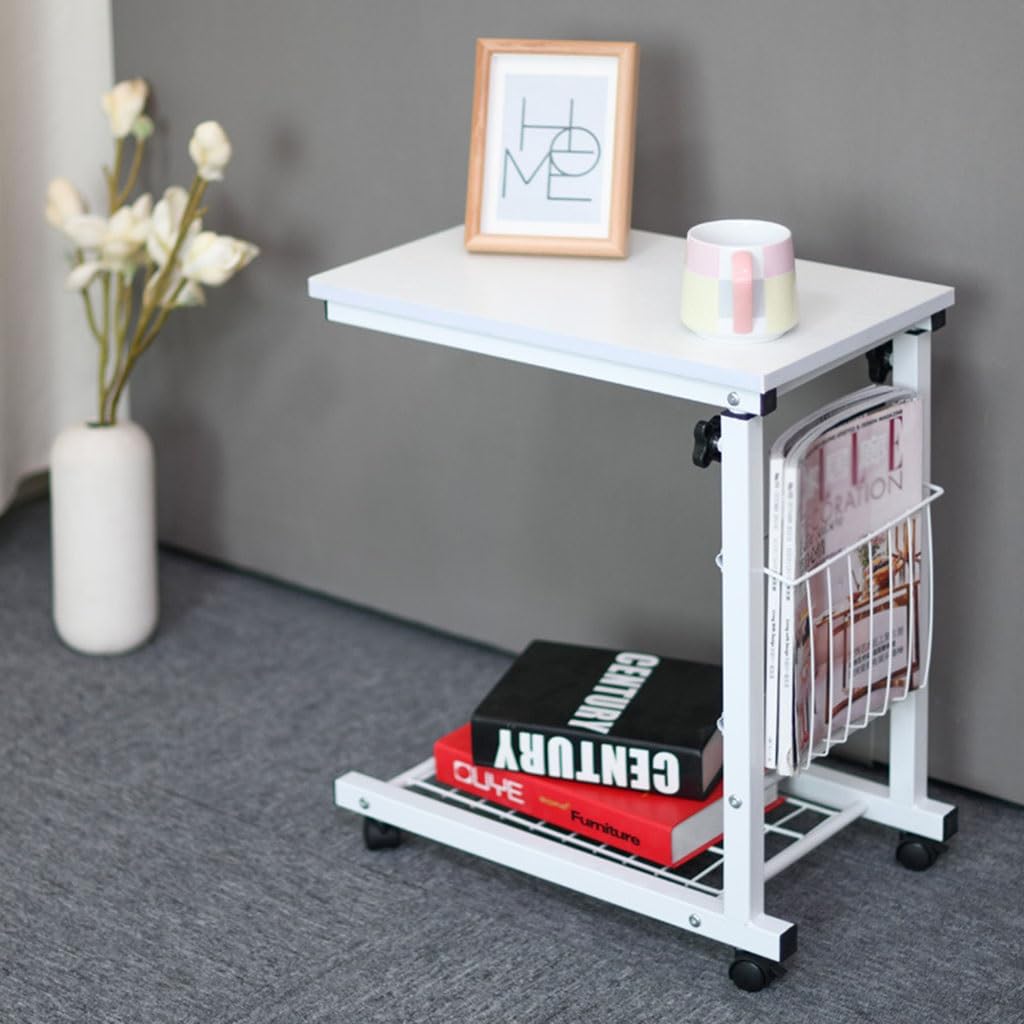 ASerZenith Storage Shelves Computer Table Height Adjustable Mobile Bedside Laptop Table Lift Small Coffee Side Table W/Wheels,White