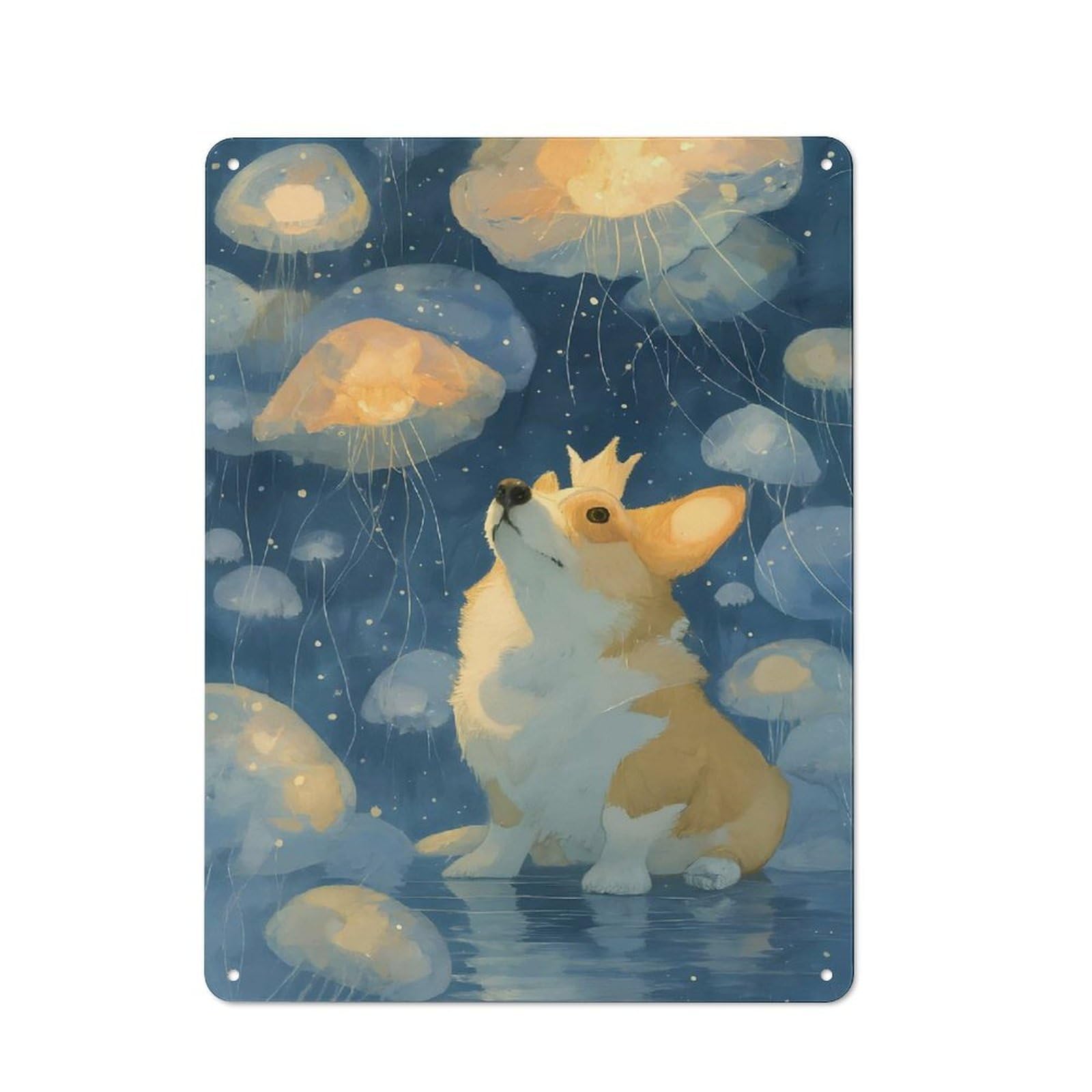 Junmoney Style-2 Corgi With Crown And Jellyfish Rustic Tin Sign 40X30cm For Man Cave Or Games Room, A Decorative Gift For A Newly Furnished Man Cave And Games Room