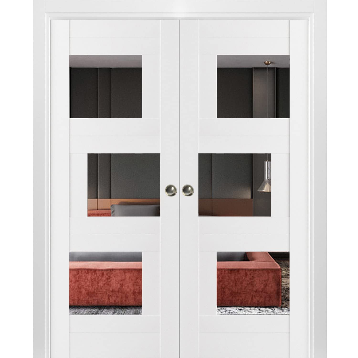 Sliding French Double Pocket Doors 56 x 80 inches | Sete 6999 White Silk with Mirror | Kit Trims Rail Hardware | Solid Wood Interior Bedroom Sturdy Doors