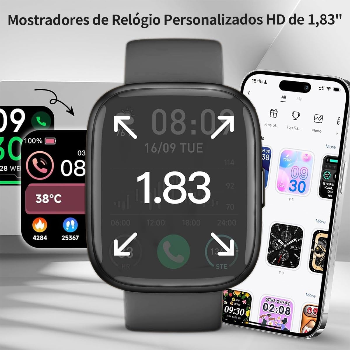 61n4weO+0QL._AC_SL1200_ Relogio Smartwatch Masculino e Feminino,Tela HD de 1,8" Relógio Smartwatch com Alexa, 100 Esportes,Frequência Cardíaca e Monitoramento do Sono,IP68 à rova d'água,Compatível com Android iOS,2 Pulseiras