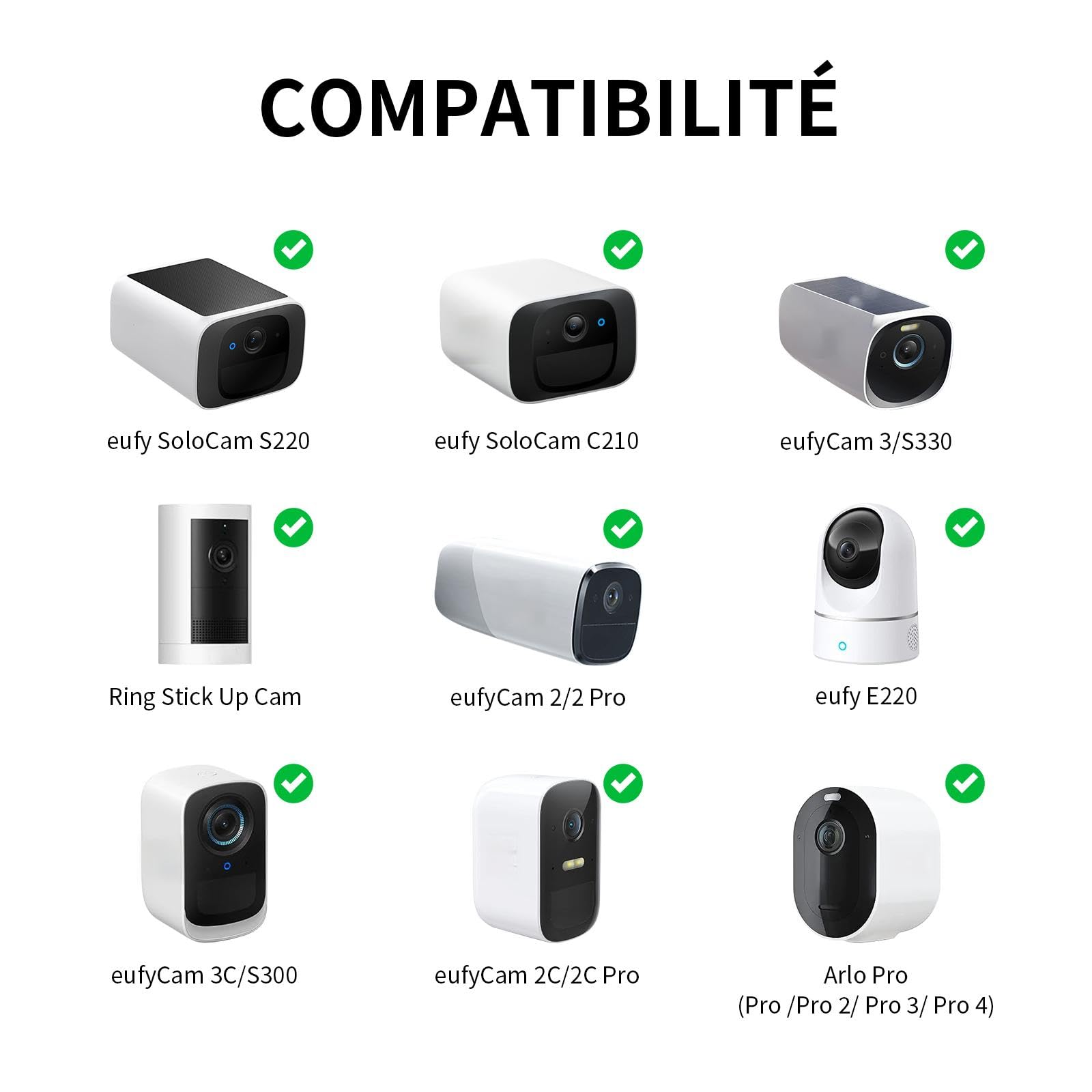 Support Flexible pour caméra pour Ring, Blink, Eufy, Google Nest, Wyze, Arlo et Autres caméras d'intérieur et d'extérieur avec Trou fileté 1/4, sans Outils ni dommages au Mur, Blanc