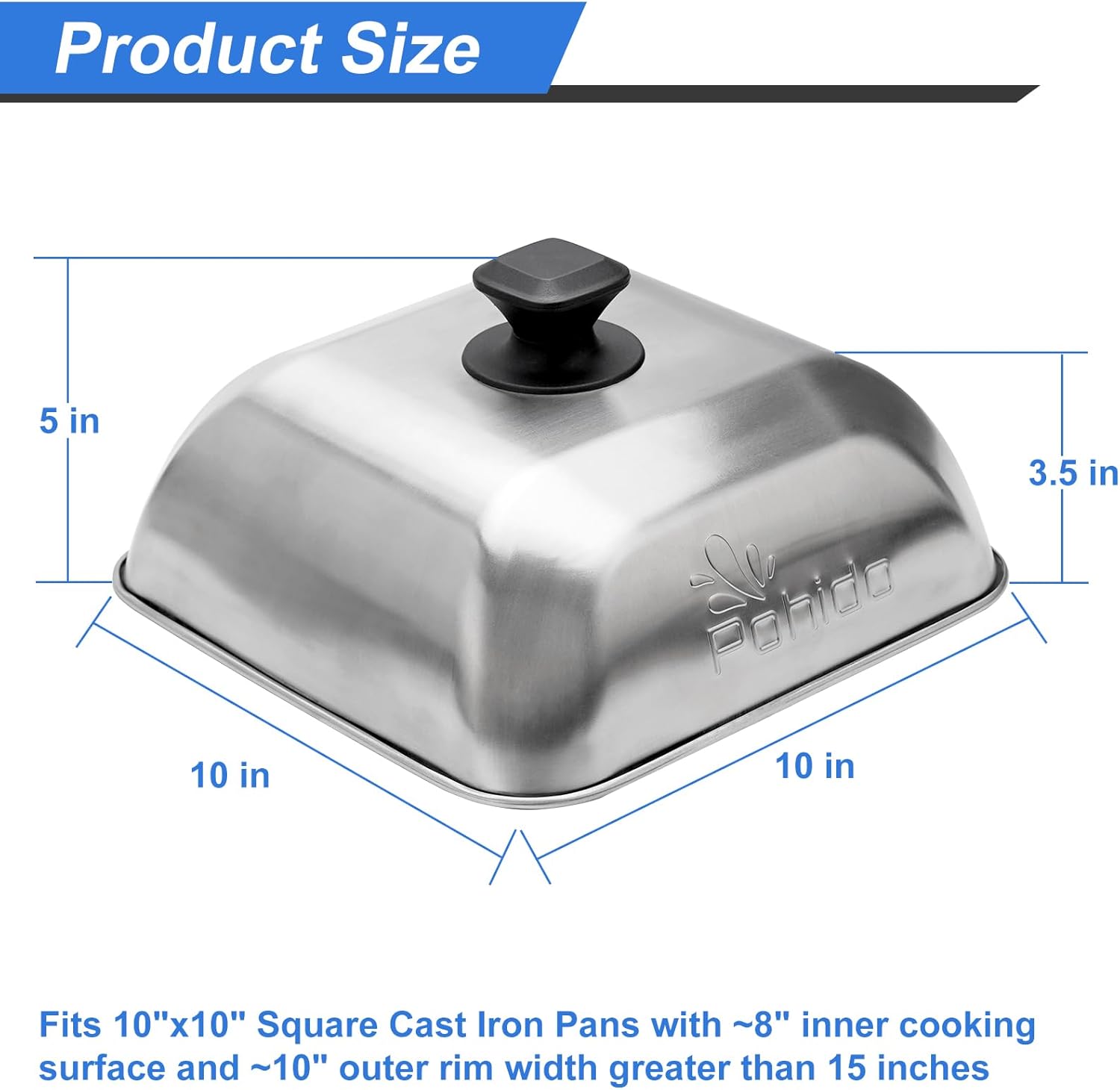 2-Pack Square Basting Covers for 10"x10" Pans- Lightweight Stainless Steel Cheese Melting Lids with Heat-Resistant Handles for Blackstone Griddle, Flat Top Grill, Camping & Home