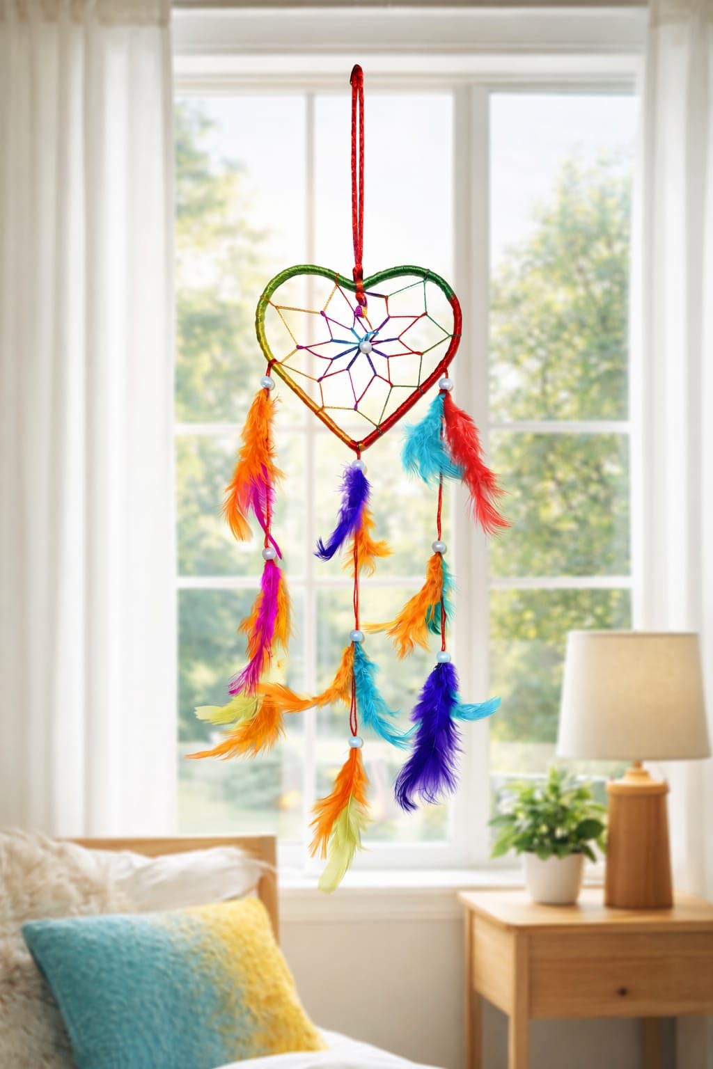 Handmade Heart Shape Rainbow Dream Catcher with Colorful Feathers | Boho Wall Hanging Decor for Bedroom, Living Room, Kids Room, Dorm & Car | Lucky Charm Home Decoration-image-20