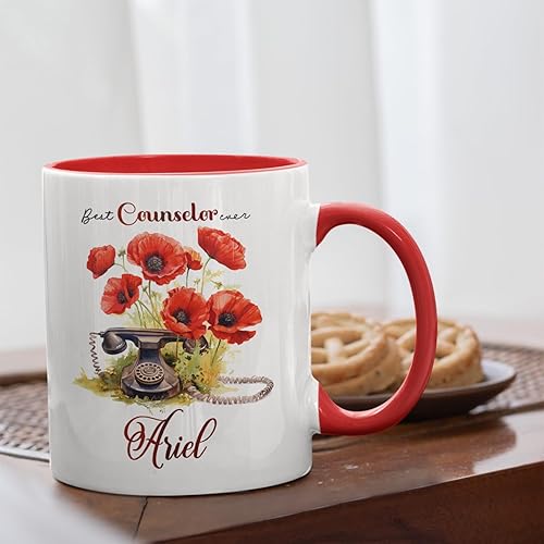 Miniatura 3 de Taza de café personalizada con el texto "Best Counselor Ever", taza de té personalizada con nombre, flores de amapola con línea fija vintage, taza