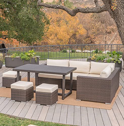 Image of DEVOKO Large Outdoor Wicker Sofa Set, HDPE Rattan, Movable Cushion, Sectional Dinning Sofa, for Backyard, Porch, Pool (Dark Brown & Cream)