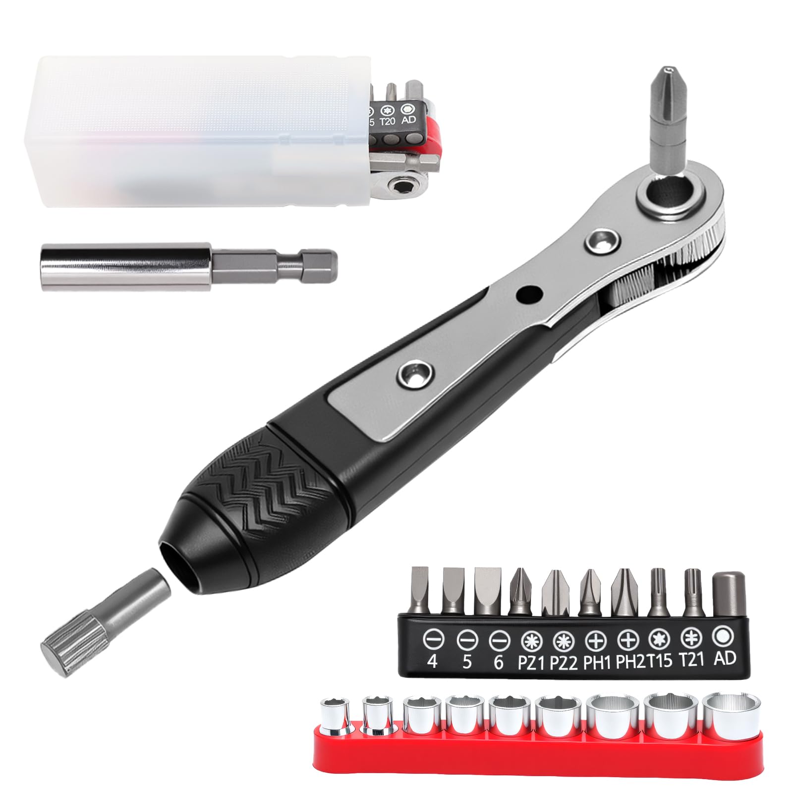 Llave de carraca magnética, llave de carraca reversible de 1/4 pulgadas, adecuada para espacios reducidos, 20 accesorios, Phillips, ranura, hexagonal, cuadrada, llave de tubo, mini carraca para coches