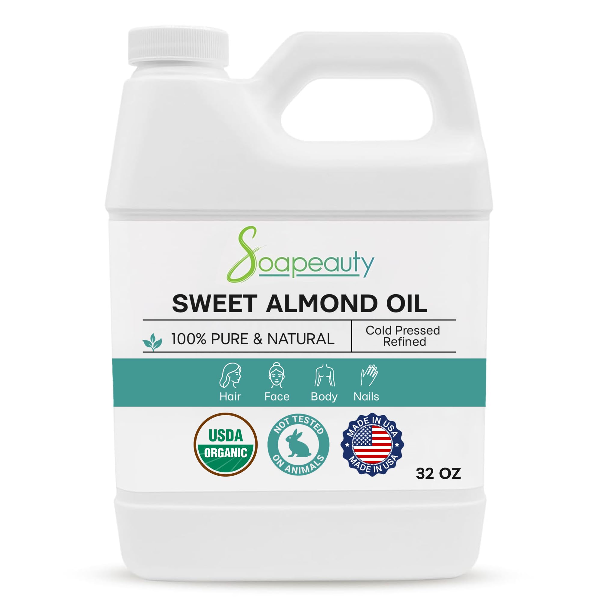 Soapeauty Sweet Almond Oil Cold Pressed Refined USDA Organic | 100% Pure & Natural Available in Bulk | Carrier for Essential Oils, Massage, Skin, Face, and Hair, Soap Making, DIY | 32 fl oz