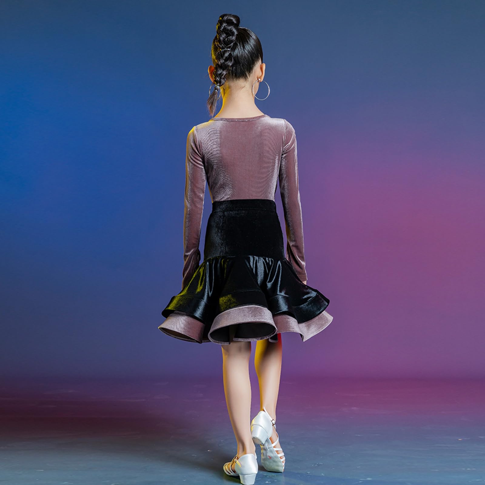 Sukienka do Tańca Latynoamerykańskiego Velvet Girl, Sukienka Konkursowa Z Długim Rękawem, Rozcięta, do Samby, Tanga, Rumby, Cha-Cha, Eleganckiej Liryki (150 cm)