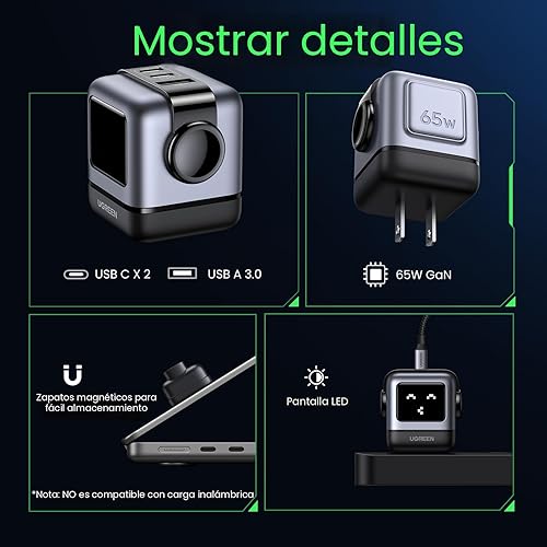 Miniatura 5 de UGREEN Uno - Bloque de carga USB C de 65 W, Nexode, cargador GaN de 3 puertos, adaptador de corriente USB C compacto y rápido para MacBook ProAir,