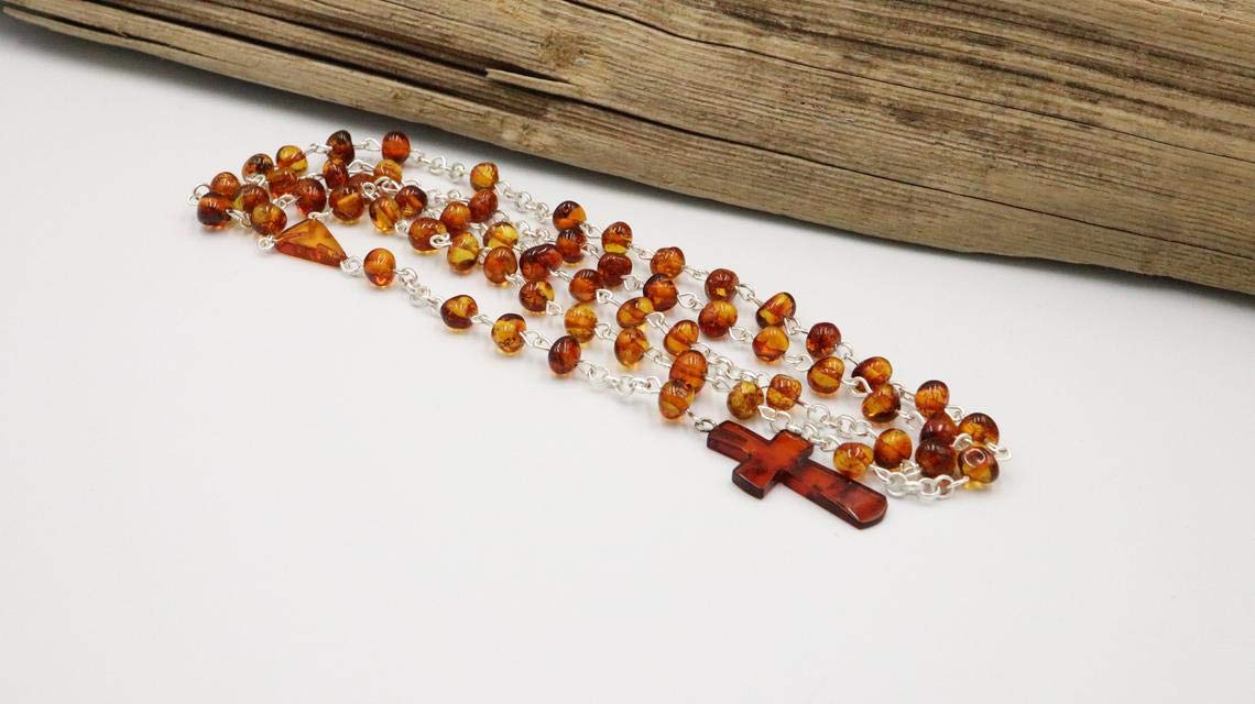 Rosario ámbar color coñac | Cuentas de oración hechas a mano únicas | Ámbar báltico certificado | Viene en caja de regalo | Joyas de ámbar, Plata Ámbar Plata, Ámbar