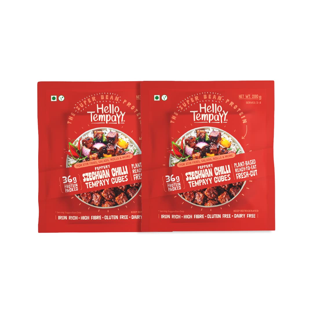 Hello TempayyMore Nutritious than Paneer & Tofu - Pack of 2 | Peppery Szechuan Chilli Tempeh | Clean Gut-Friendly Protein | Easy-to-cook | High Fiber & Low Carb- Soyabean Tempeh - 200gm