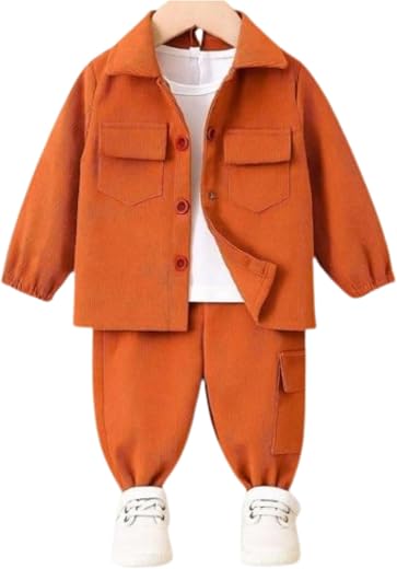 NIVEX BOUTIQUE Boys Rust Orange Textured Shirt, Inner Tee &amp; Jogger Pants Set – Bold Smart Casual Outfit