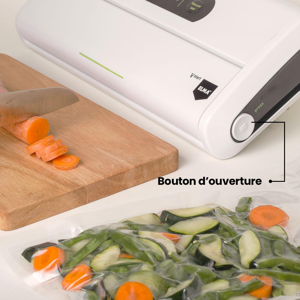 ELMA Machine sous vide domestique V Start, machine sous vide alimentaire | Taille compacte, emballage automatique avec barre d'étanchéité de 30 cm | Blanc, 34 x 15 x 7 cm, 175 W | Comprend des sacs