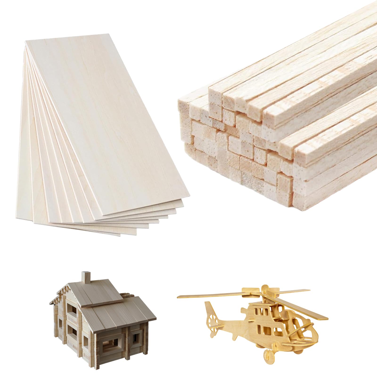Balsa Wood Bundle, 8 Sheets 20x10cm and 50 Sticks 30cm
