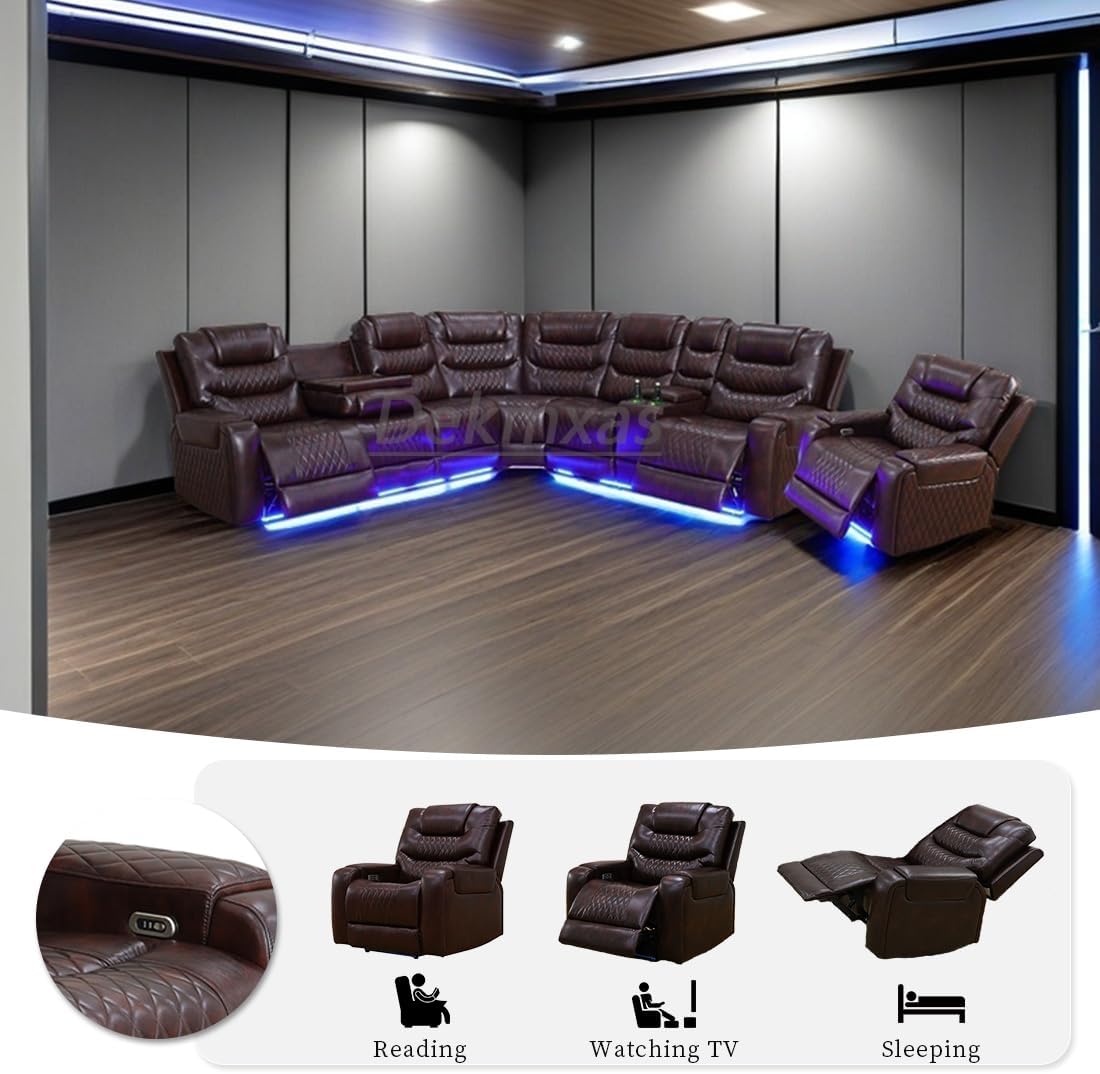 Living Room Furniture Reclining Sofa Set Leather Sofa Set Power Recliner Adjustable L-Shaped Sofa Set and Chair with Cup Holders/Storage Console/LED Light for Living Room, Office（Brown）