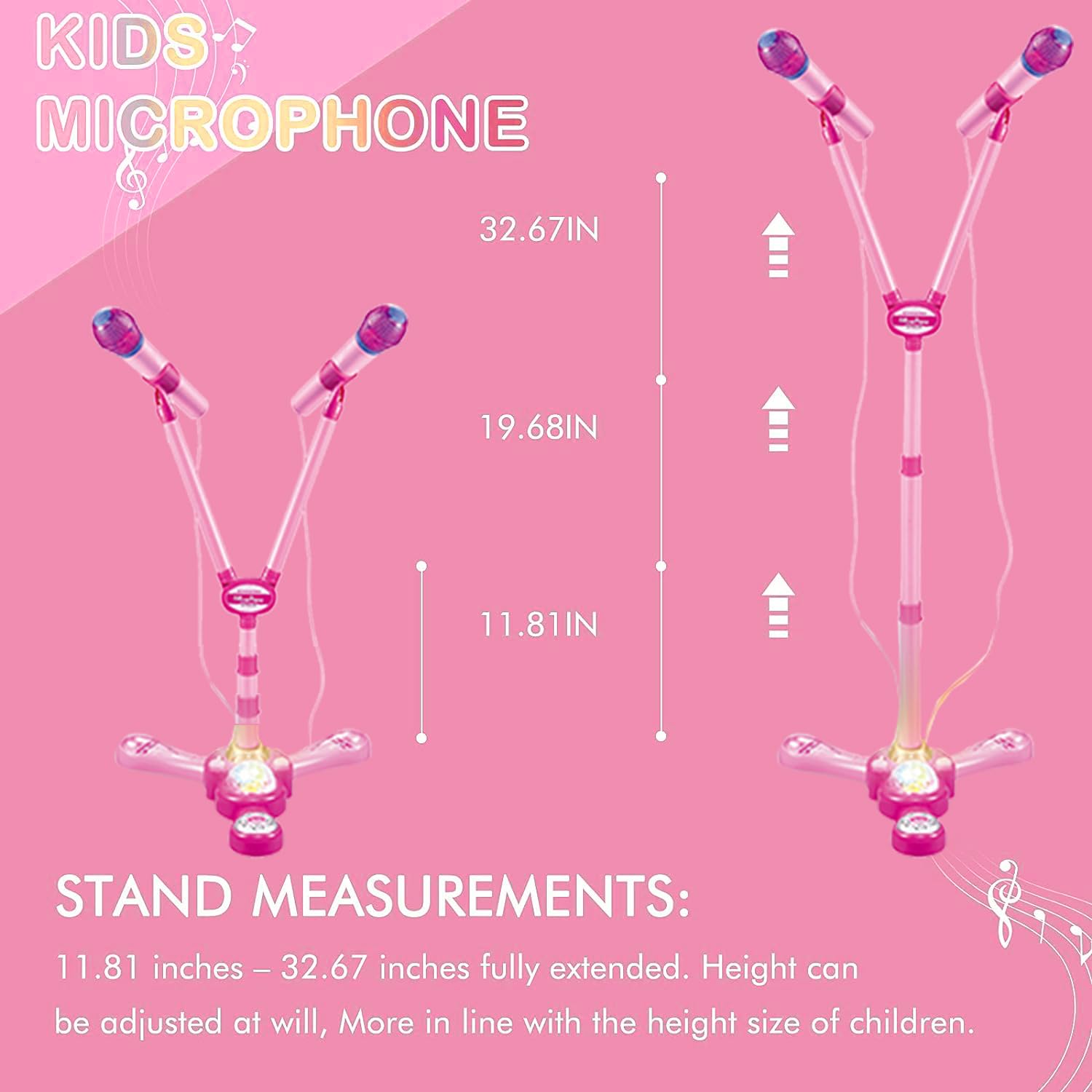Kids Microphone and Stand,Double Head Kids Karaoke Machine with Stand With External Music Function & Flashing Lights Toy for Kids Children Girls(Pink) - Image 2