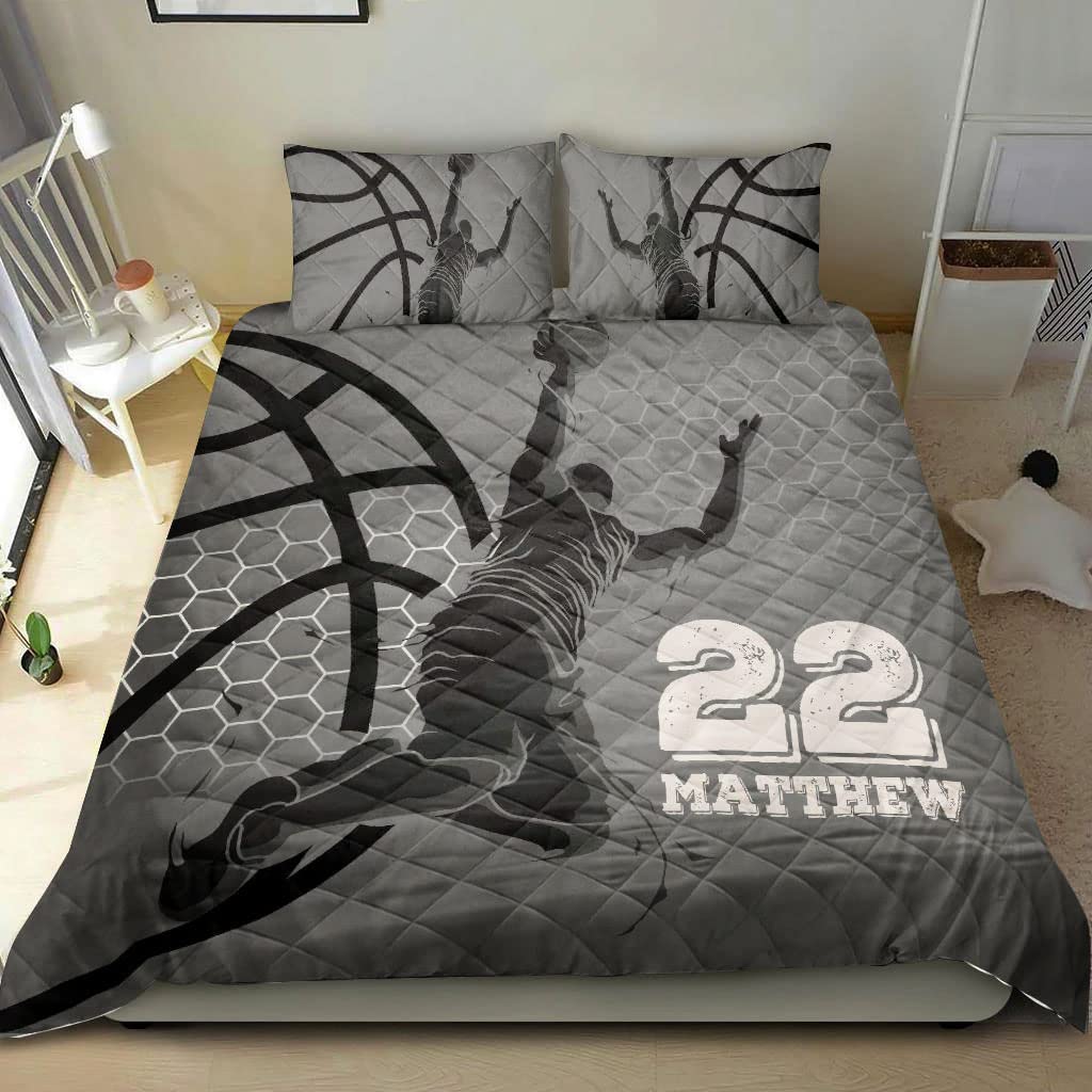 OhaPrints Custom Basketball Boy Grey Honeycomb Player Fan Gift Personalized Name Number Quilt Blanket & Pillowcases, Quilts Bedding Set & Pillow Cover, King Queen Double Twin Throw Full Size Bed Sets