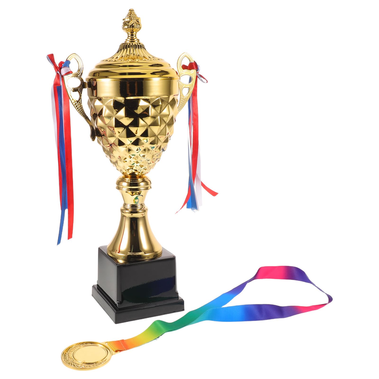 Set Medaglia e Coppa Oro in Metallo con Nastro Elegante per Riconoscimento Risultati Sportivi e Competizioni Atletiche Aziendali