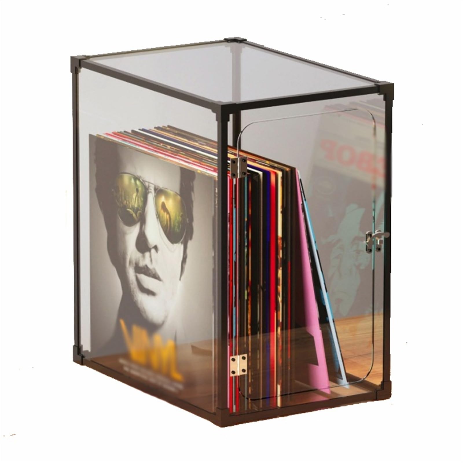 Ef2pRc8kF Record Rack Vinyl Record Storage Crate, LP Holder Case with Aluminum Alloy Frame, Organic Glass Cover Organizer Box, Easy to Install
