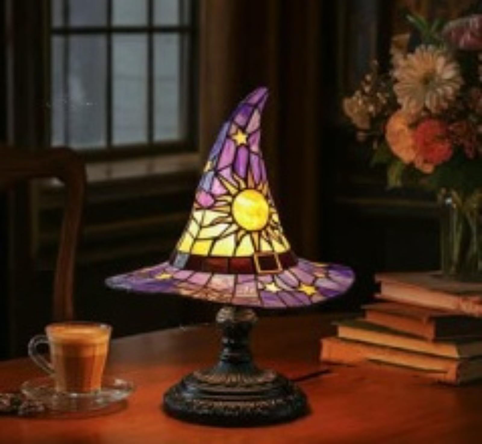 Lámparas de sombrero de bruja, luces de sombrero de bruja hechas a mano, lámpara de sombrero de bruja de vitral, lámpara de resina retro para decoración de dormitorio, para decoración de interiores, f