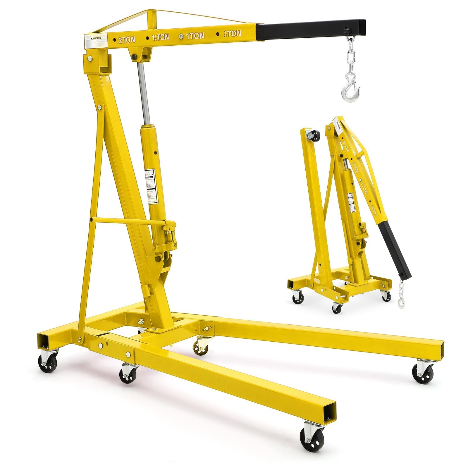 2 Ton Folding Hydraulic Engine Hoist, Load Leveler, 4400 LBS Capacity, Heavy Duty Cherry Picker, 6 Swivel Wheels, Hydraulic Pump Adjustable Boom (0.5t-2t) for Garage Workshop Warehouse