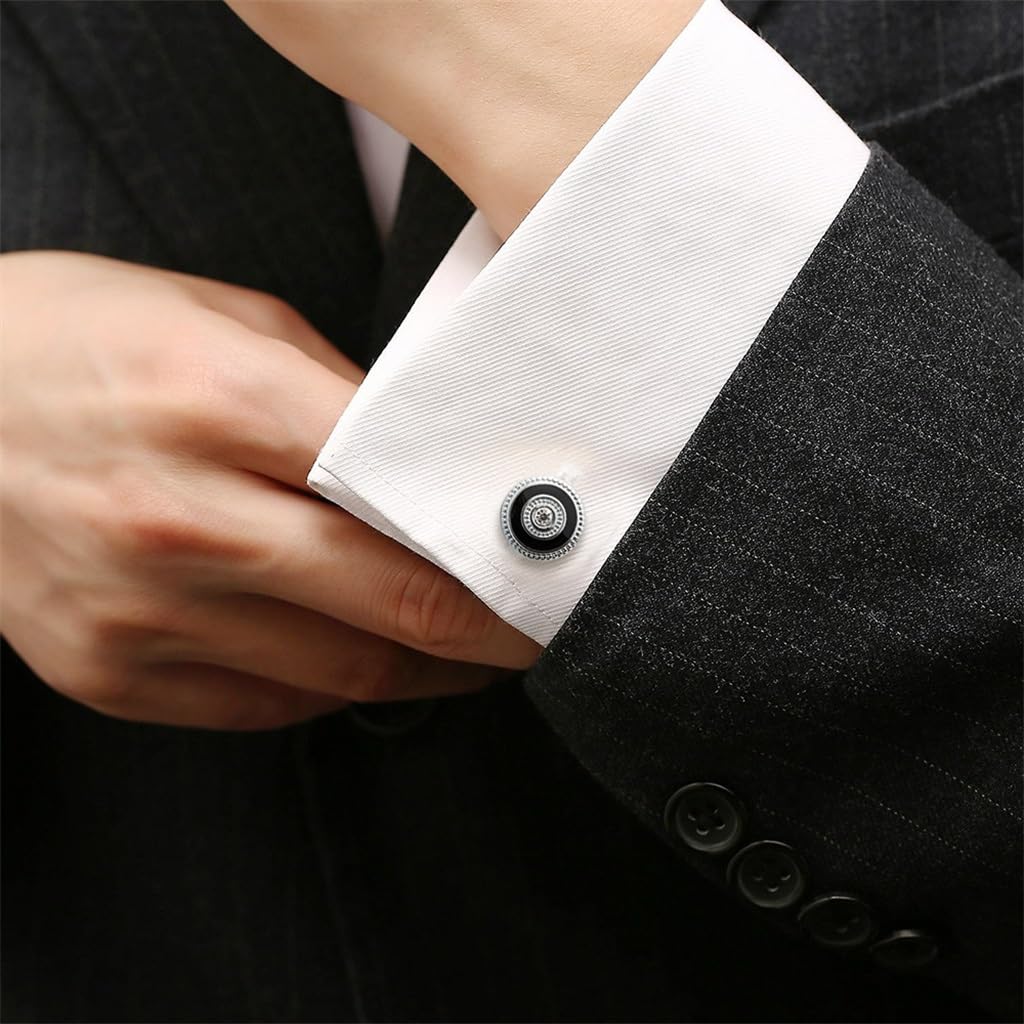 Gemelli da Polso da Uomo con Diamanti francesi, Bottoni Rotondi in Smalto, Stile Business Casual