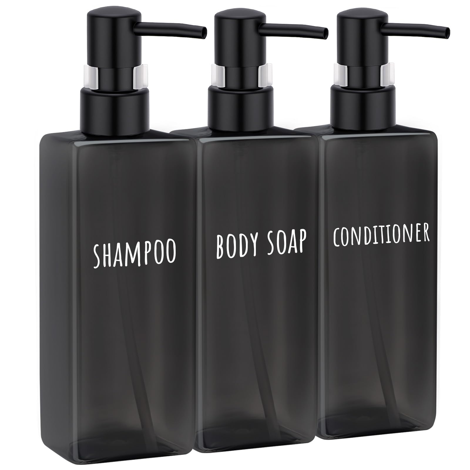 Segbeauty 16.9oz Black Large Plastic Soap Dispenser Bathroom, 3pcs Large Capacity Refillable Shampoo and Conditioner Dispenser, 500ml Body Lotion Bottle, Pre-printed Square Empty Gel Cream Pump Bottle